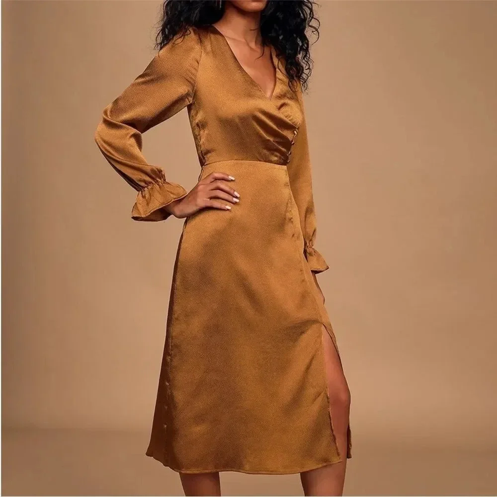 Lulu’s 4SI3NNA Brielle Bronze Satin Long Sleeve Midi Dress in Bronze Copper